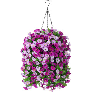 INXUGAO Artificial Flowers with Hanging Basket, Outdoor Faux Plants Silk Morning Glory Vines, Fake Green Arrangement for Garden Patio Spring Summer Decor(4pcs,Darkorchid)