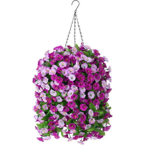 INXUGAO Artificial Flowers with Hanging Basket, Outdoor Faux Plants Silk Morning Glory Vines, Fake Green Arrangement for Garden Patio Spring Summer Decor(4pcs,Darkorchid)