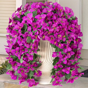 INXUGAO 2 pcs Artificial Faux Bougainvillea Flowers Plants for Outdoor Outside Summer Decoration, Fake Silk UV Resistant Long Trailing Vines for Front Door Porch Planter Balcony (Purple Deep Lotus)